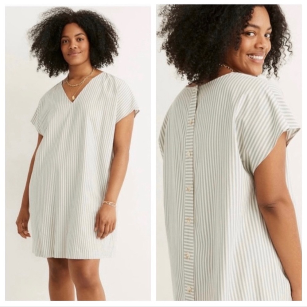 Madewell Light Blue and White Striped V-Neck Shift Dress